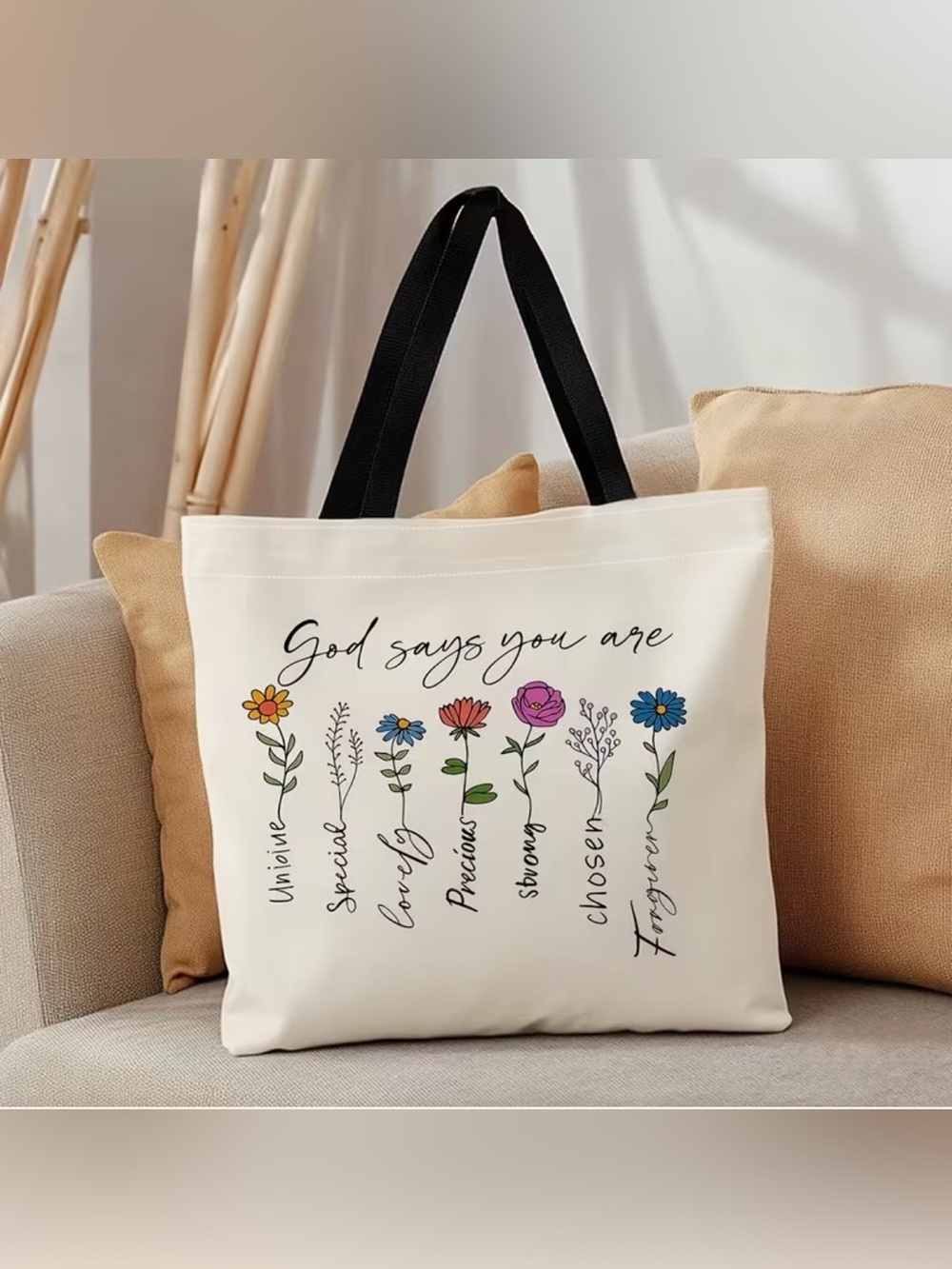 Canvas Floral 'God Says You Are' Tote Bag in Cream - Picture 9 of 10